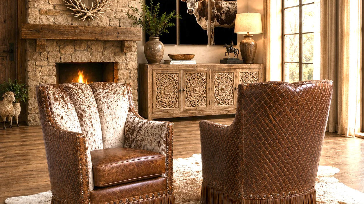 Luxury Western living room with leather furniture, rustic wood and Western home décor