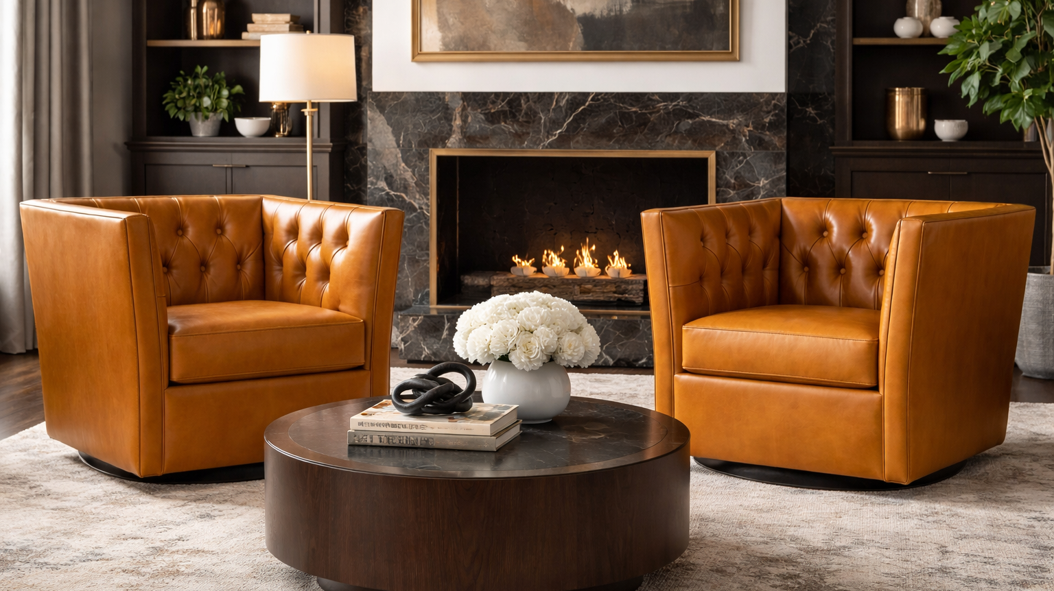 Tufted leather swivel room in rustic modern living room