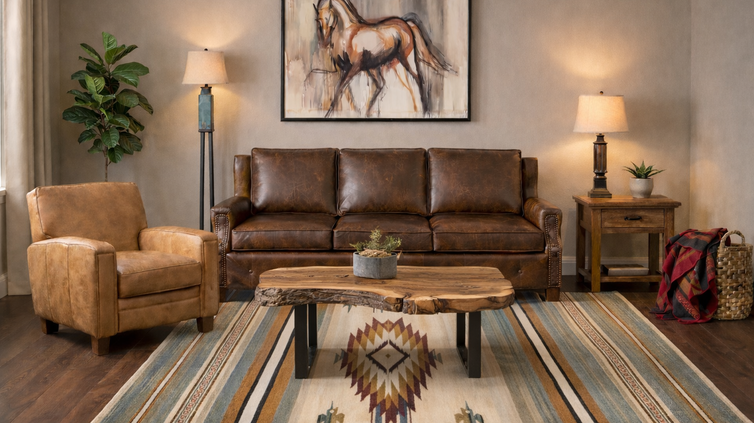 Image of western designed living space with leather seating and rustic, wooden, and handcrafted furniture