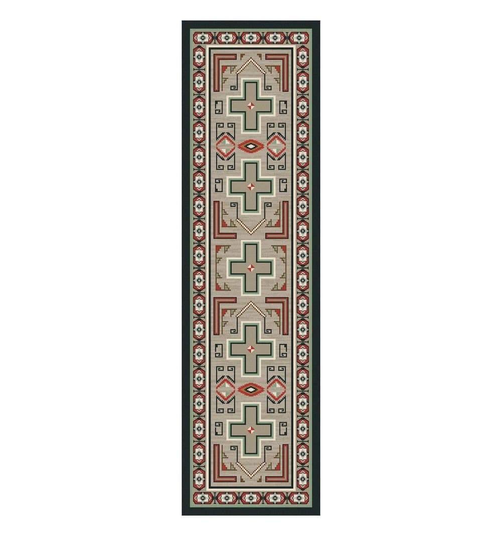 Red, tan, black, orange, beige western runner rug. Made in the USA. Your Western Decor, LLC