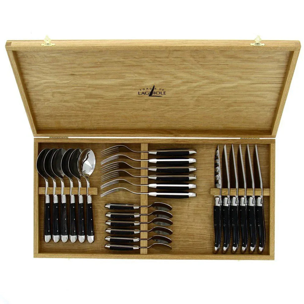 Dark Horn Tip 24-Pc Cutlery Set with Shiny Finish in wood storage box - Your Western Decor