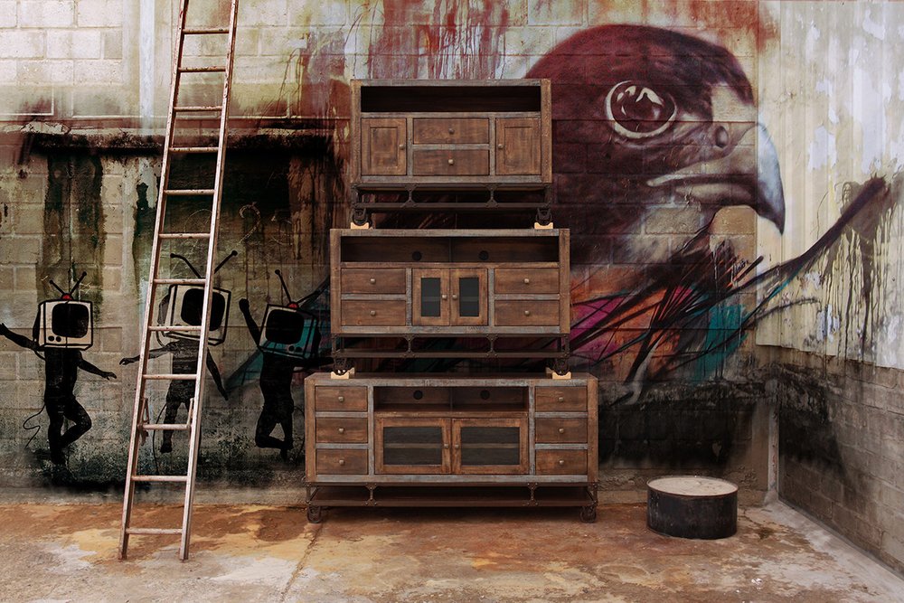 3 sizes of rustic industrial media consoles
