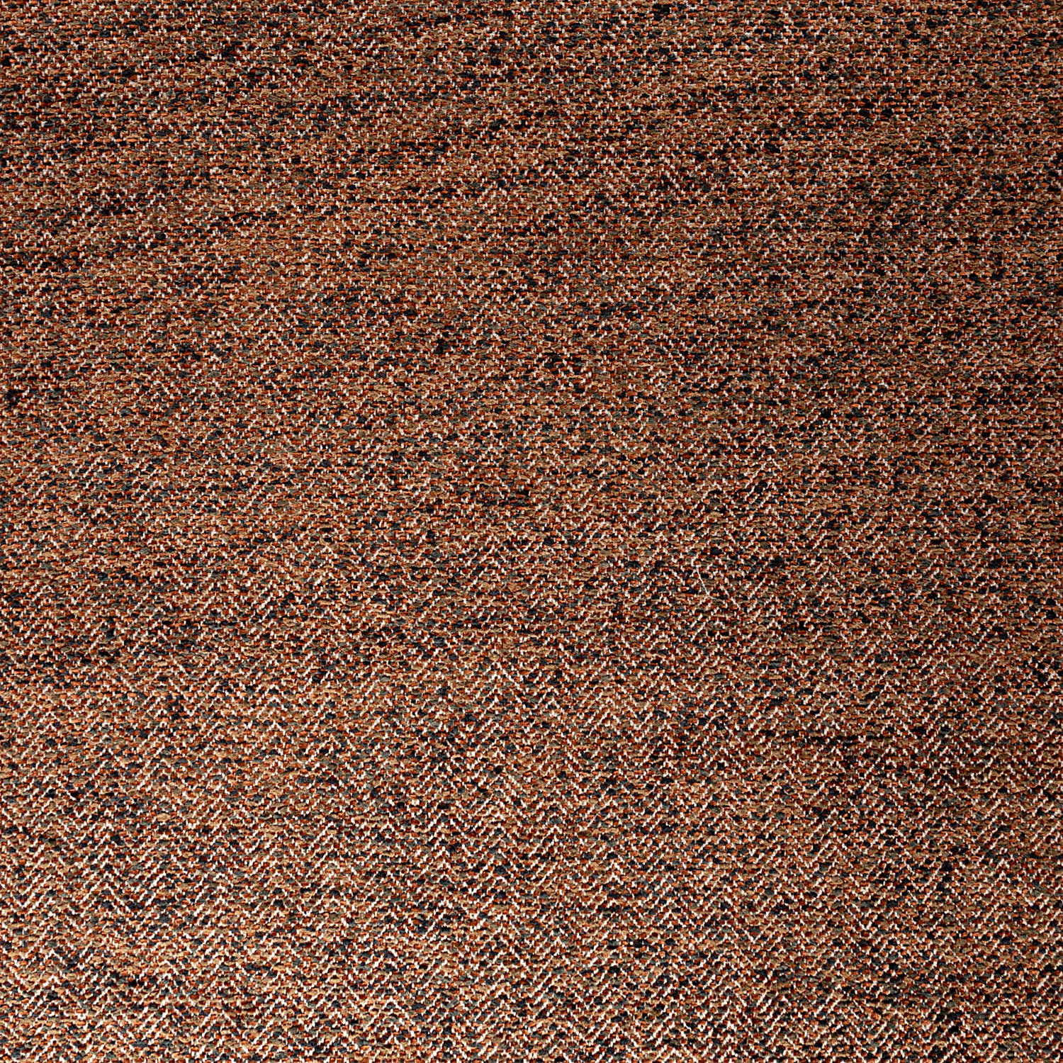 Space-dyed chenille upholstery fabric with a textured herringbone weave in warm brown, rust, and charcoal tones.