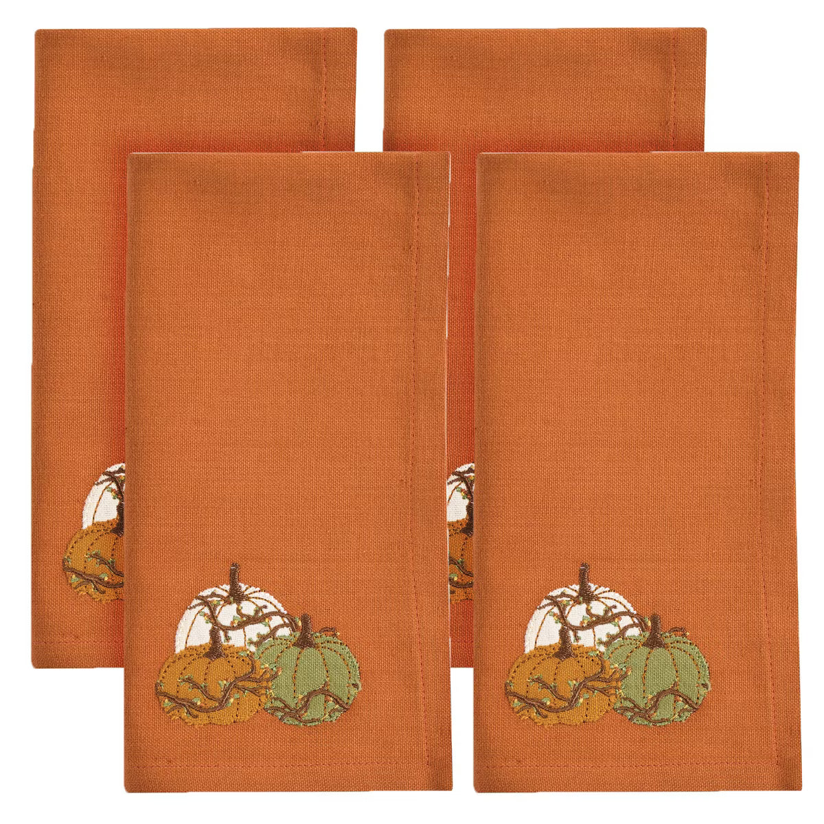 Set of four orange napkins with embroidered pumpkins on a white background - Your Western Decor
