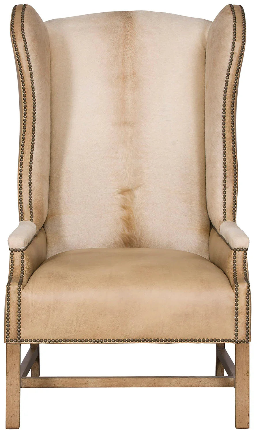 Palomino Cowhide and leather wingback chair with nailhead trim and wood frame. Your Western Decor