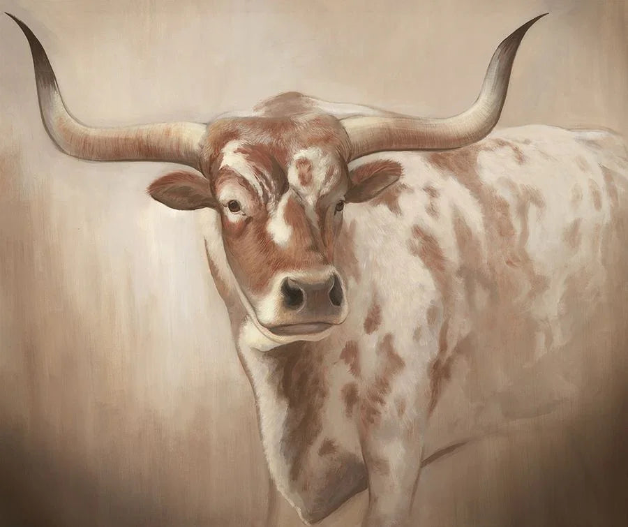 Painting of a longhorn cow with large horns on a beige background - Your Western Decor