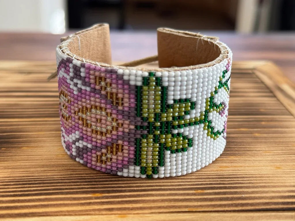 lavender flower bracelet Lavender Tulips on Tan Leather Beaded Bracelet