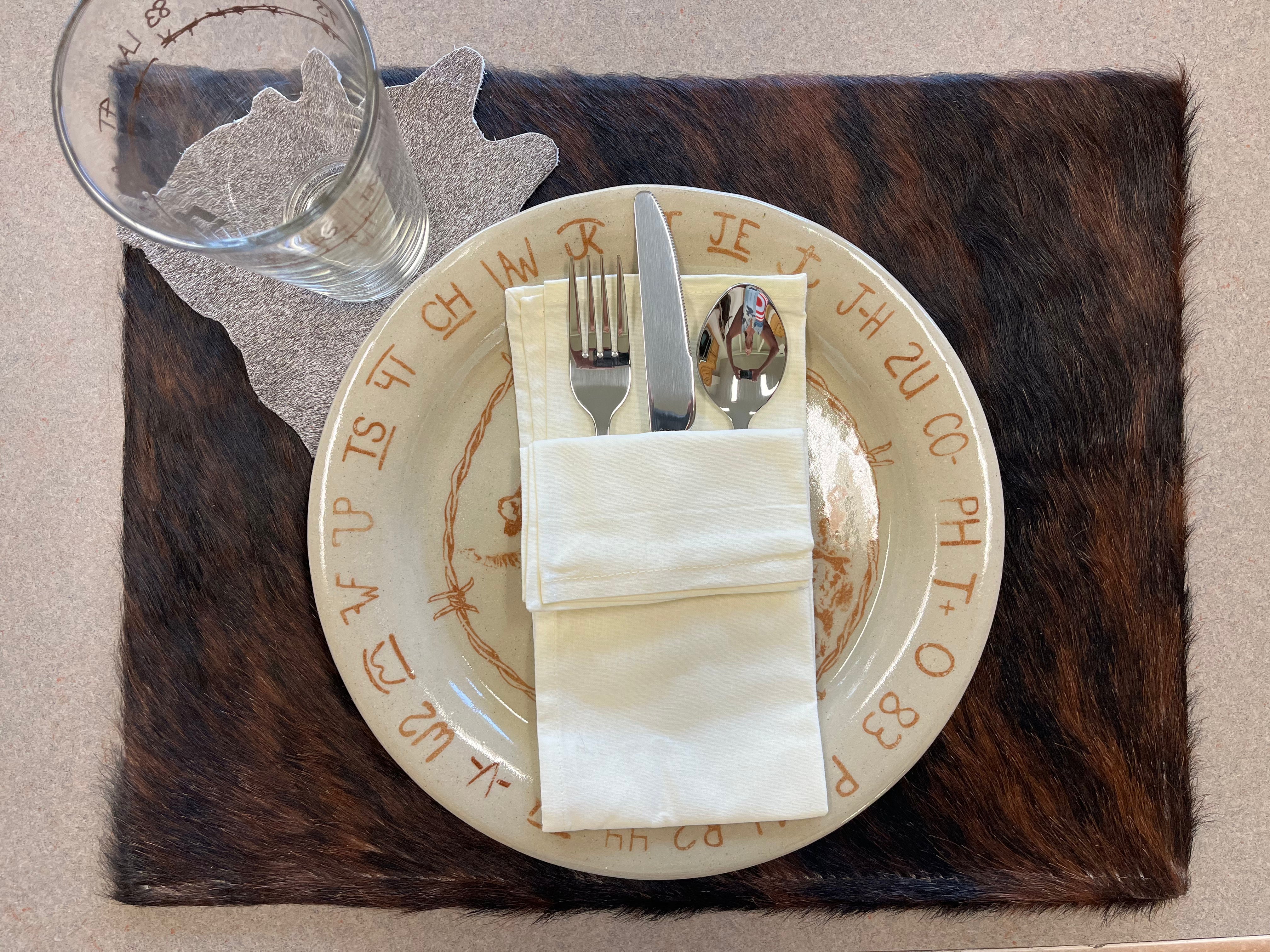 Brindle cowhide placemat with Blue Mountain Brands Tableware - Your Western Decor