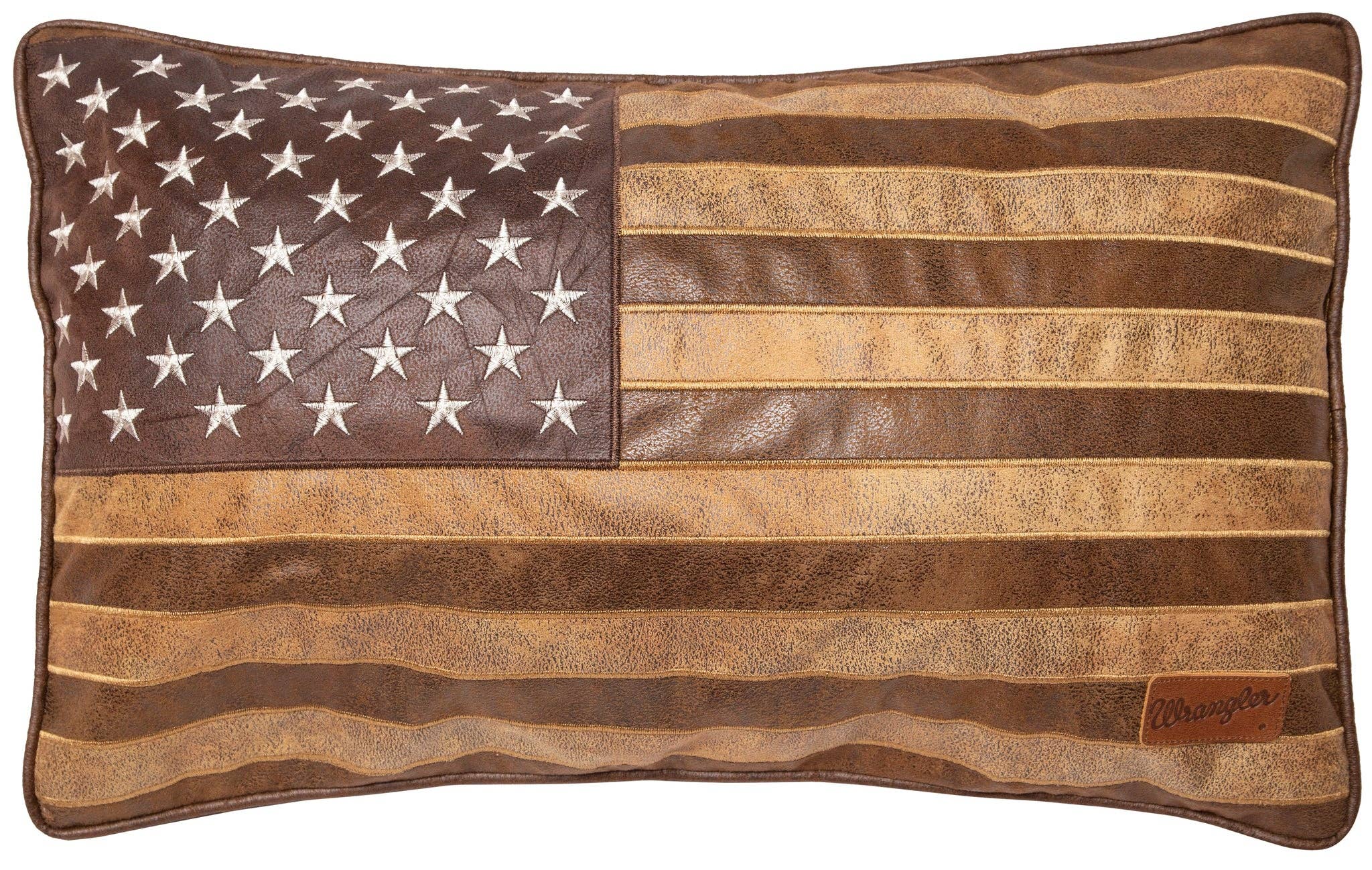 Brown leather American flag pillow with visible Wangler® brand name - Your Western Decor