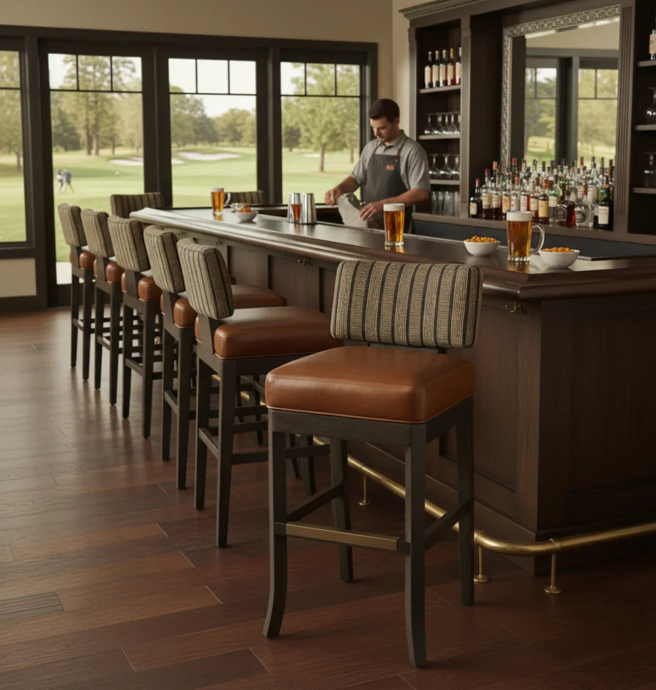 Bar with wooden counter and leather stools, bartender preparing drinks, large windows overlooking a golf course - Your Western Decor