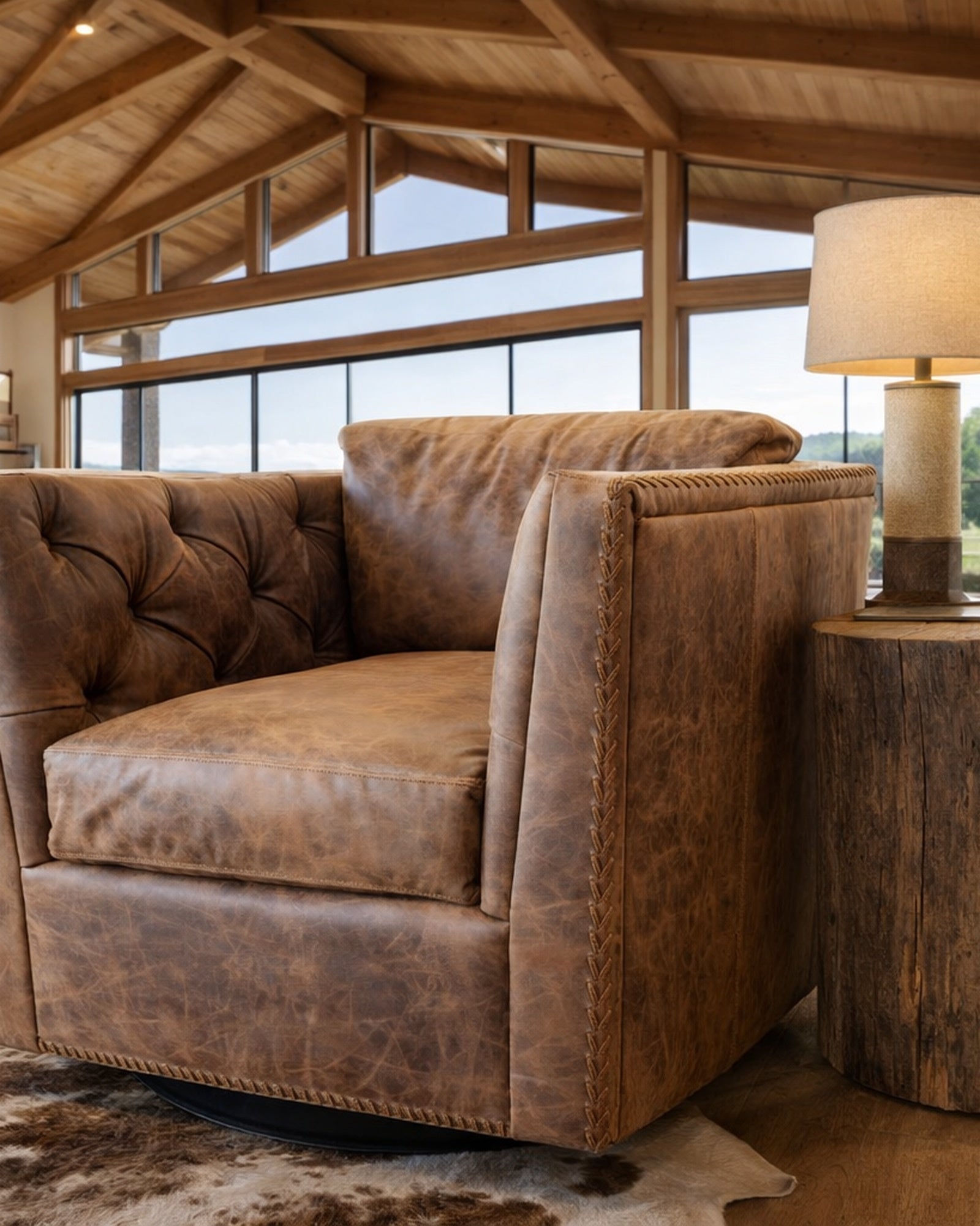 antiqued leather ranch swivel chair handcrafted American made western leather accent chair
