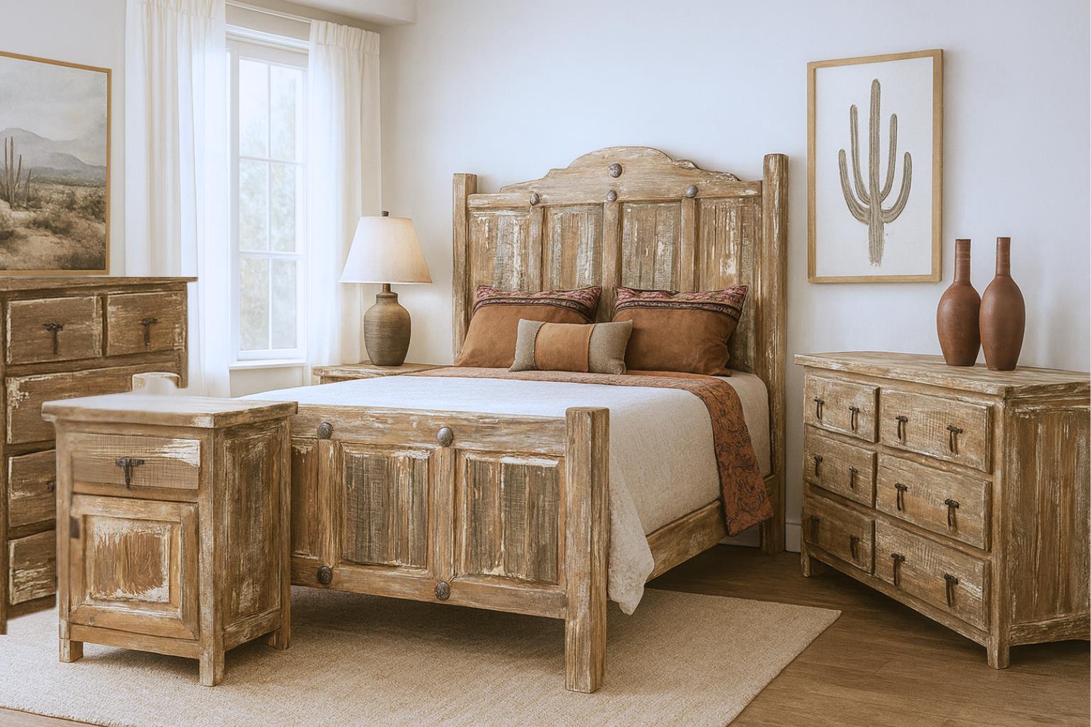 Wooden bedroom furniture set with bed, nightstands, and dresser in a room with large windows - Your Western Decor