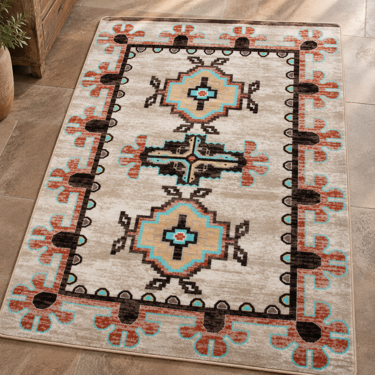 Badlands Sierra Southwestern area rug with turquoise, rust and brown geometric design