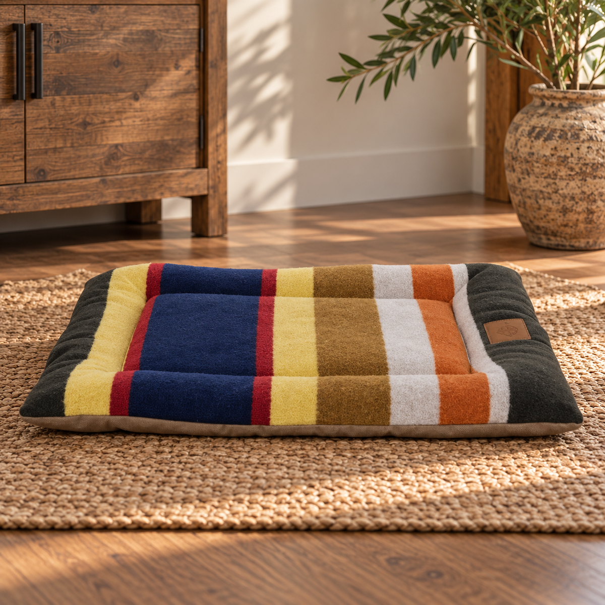 Badlands National Park Pendleton striped dog bed with navy, mustard, rust and olive tones in a warm rustic Western interior.
