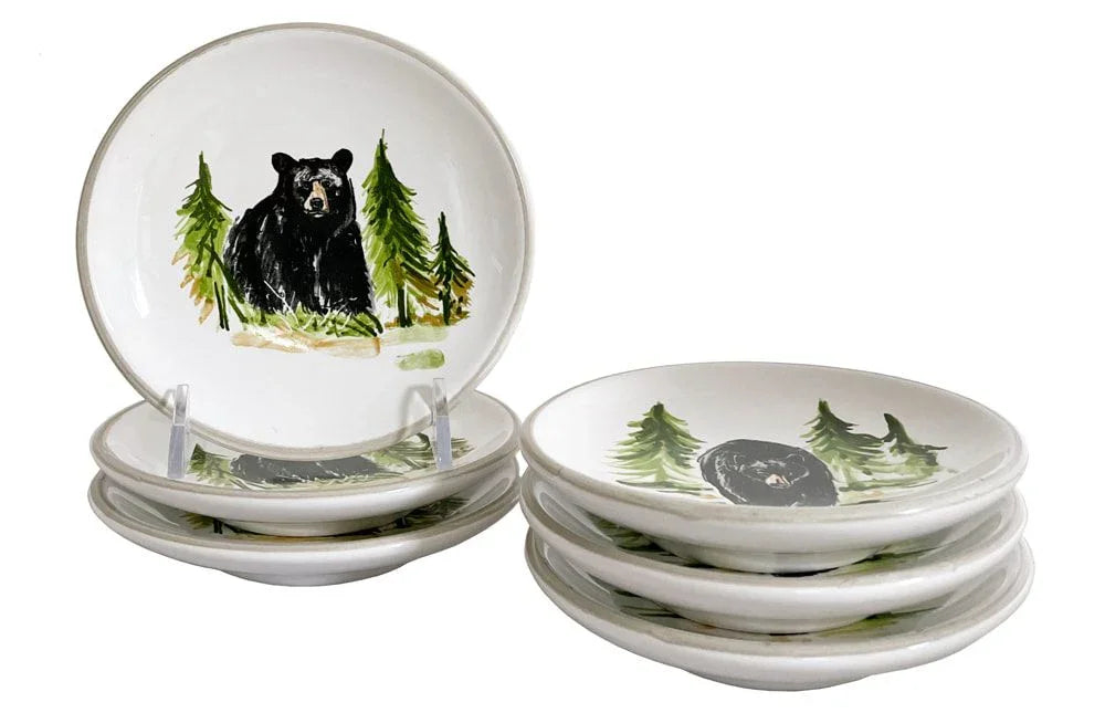 Black Bear Canapé Plate Set - Black Bear in forest trees - hand painted - 5" round - Your Western Decor