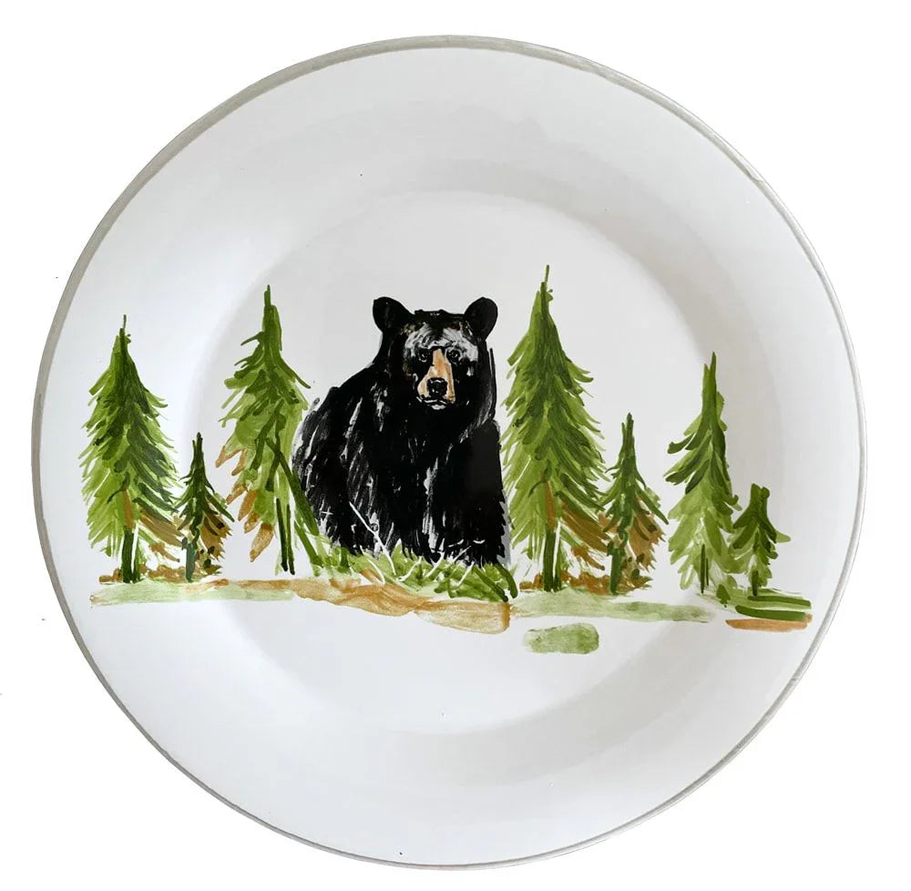 Black Bear Dinner Plate Set - Black Bear with green forest trees - Round plate - Your Western Decor