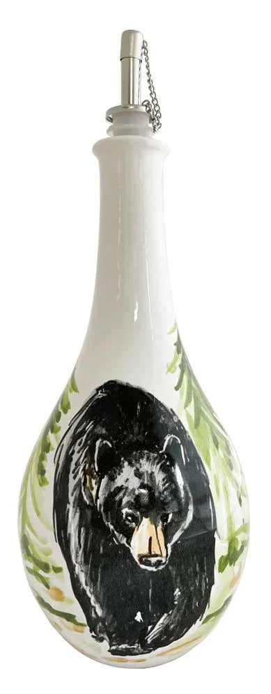 Black Bear Oil Bottle - Black Bear in green forest trees - hand painted design - Your Western Decor
