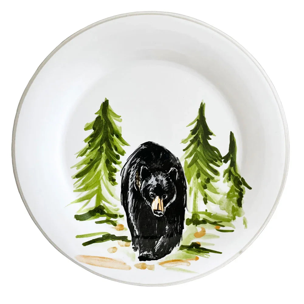 Black Bear Salad Plate Set - Black Bear with green forest trees - hand painted - Your Western Decor