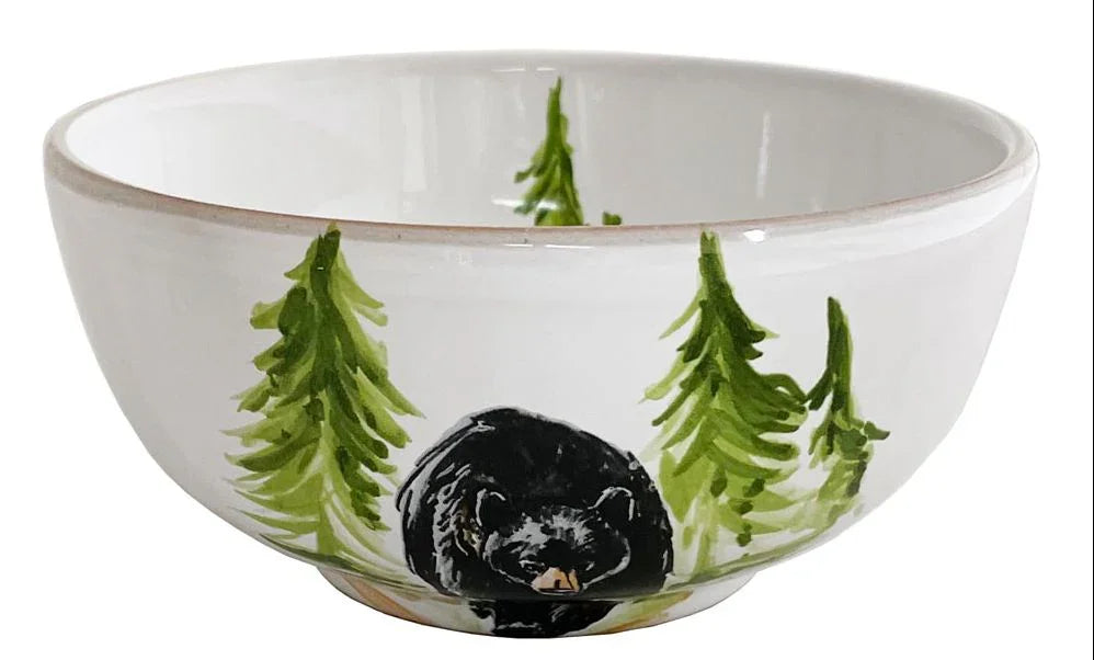 Black Bear Soup Bowl - Black Bear with green forest trees - bear paw prints - Your Western Decor