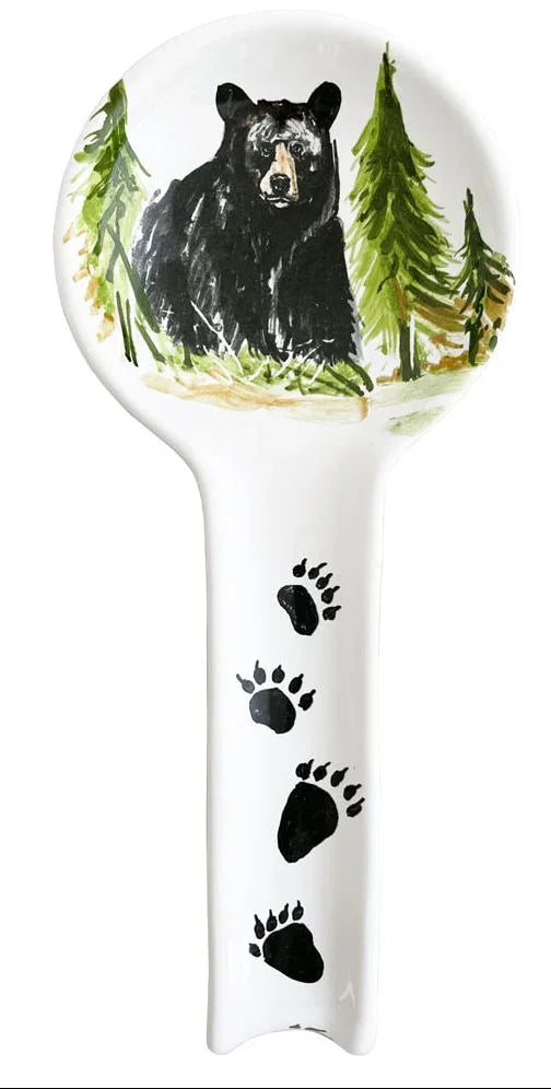 Black Bear Spoon Rest - Black Bear with green forest trees - Hand Painted - Black Paw prints - Your Western Decor