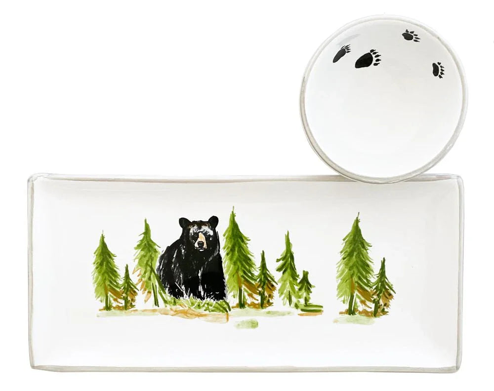 Black Bear Platter & Dip Bowl - Black Bear & Forest trees rectangle platter - Paw print bowl - hand painted designs - Your Western Decor