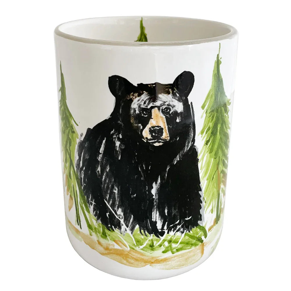 Black Bear Utensil Holder Front - Black Bear Hand Painted - Green Forest Trees - Hand painted design - Your Western Decor