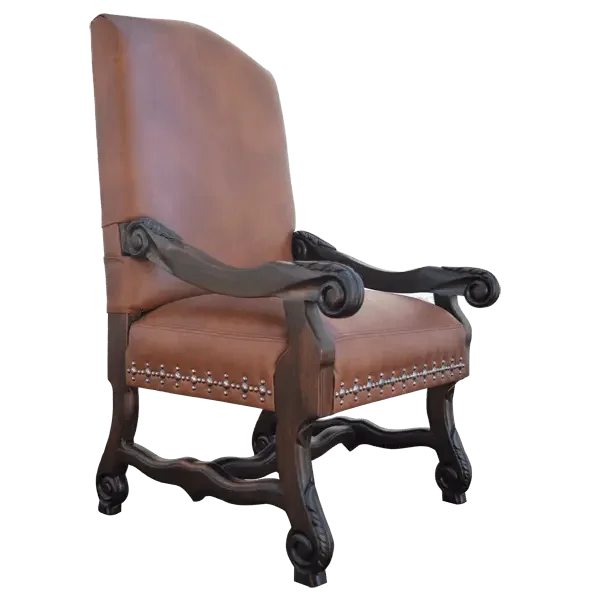 Brown leather armchair with decorative armrests on a white background