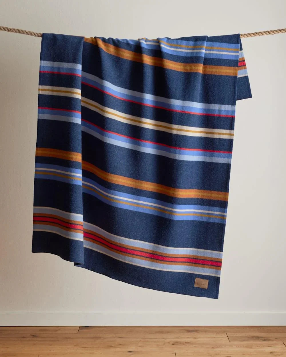 Bridger Stripe Wool Throw Navy - 100% Wool - Red, Orange & White Stripes on Navy - Pendleton Woolen Mills - Your Western Decor