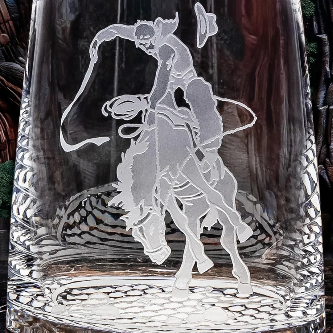 Bronc Rider Sand Carved Decanter - Bronco rider mid-buck - crystal clear - Your Western Decor