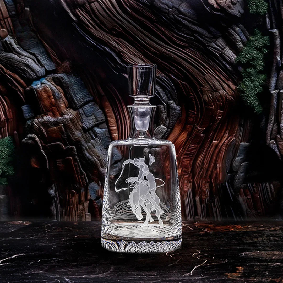Bronc Rider Sand Carved Decanter - Bronco rider mid-buck - crystal clear - Your Western Decor