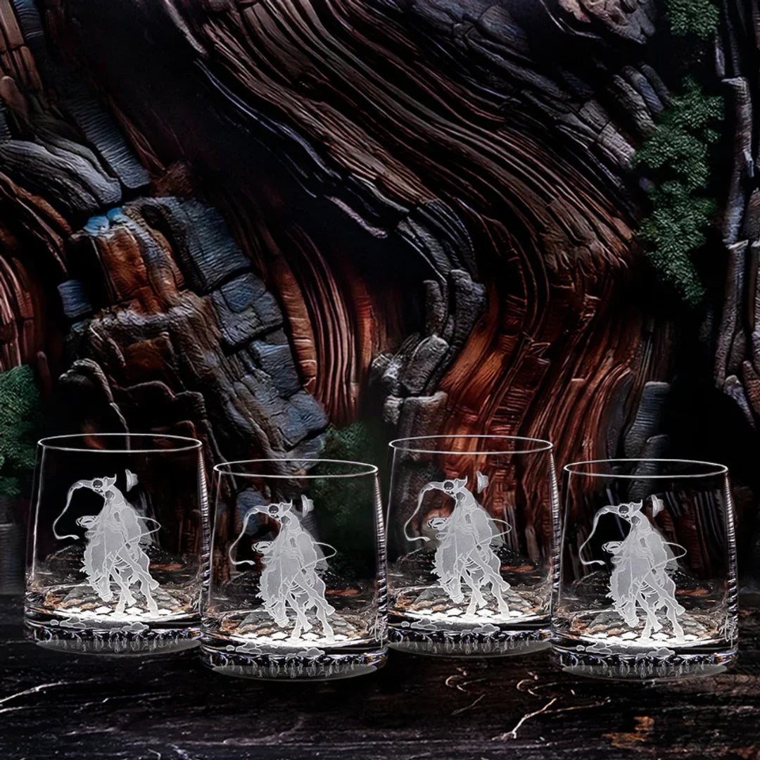 Bronc Rider Sand Carved Rocks Glasses - fearless bronco rider etched design - clear crystal glass - Your Western Decor