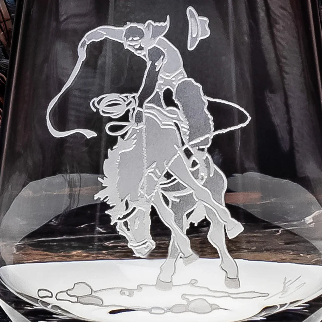Bronc Rider Sand Carved Wine Glasses - textured bronco rider gifting yo keep mounted on bucking bronc - stemmed wine glass - tapered rim - Your Western Decor