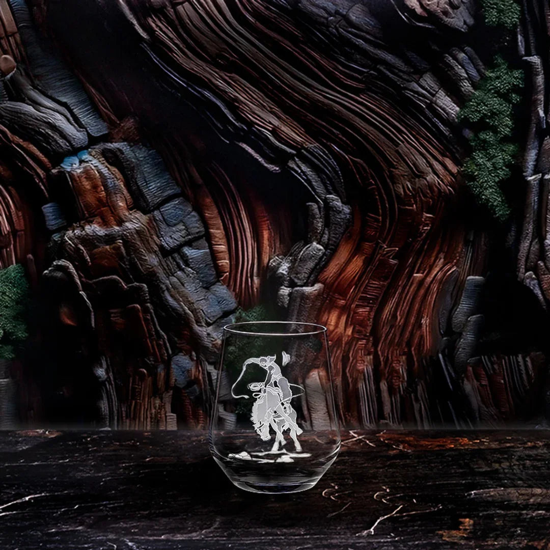 Bronc Rider Sand Carved Stemless Wine Glasses - Sand etched Bronco rider design - Your Western Decor