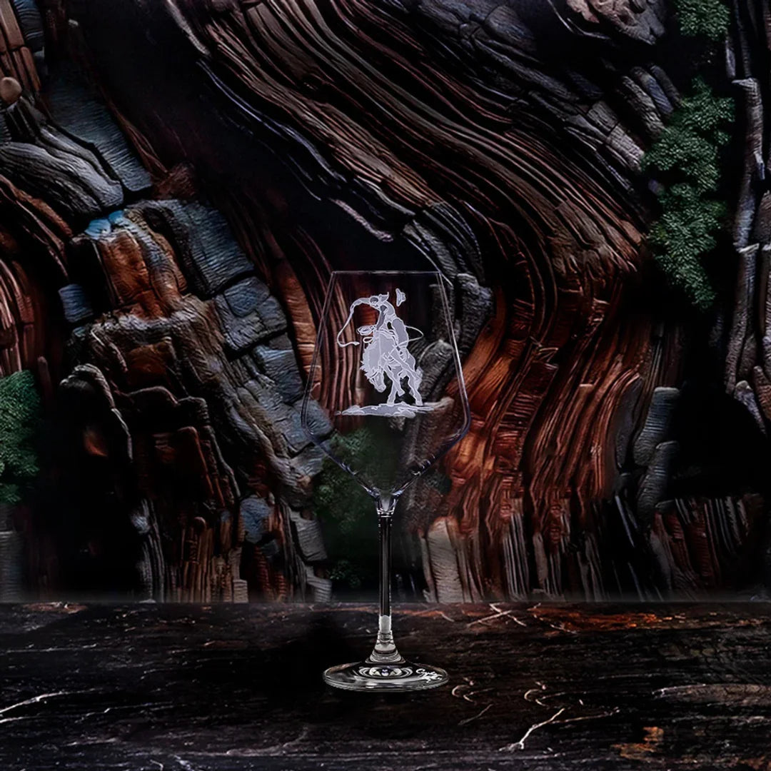 Bronc Rider Sand Carved Wine Glasses - textured bronco rider gifting yo keep mounted on bucking bronc - stemmed wine glass - tapered rim - Your Western Decor