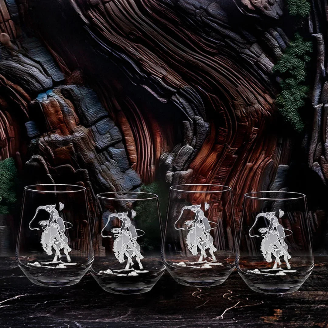 Bronc Rider Sand Carved Stemless Wine Glasses - Sand etched Bronco rider design - Set of 4 - Your Western Decor