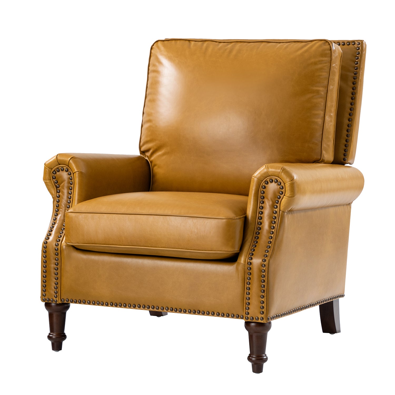 Camel Canyon leather accent chair in carmel genuine leather with nailhead trim and turned wood legs angles view