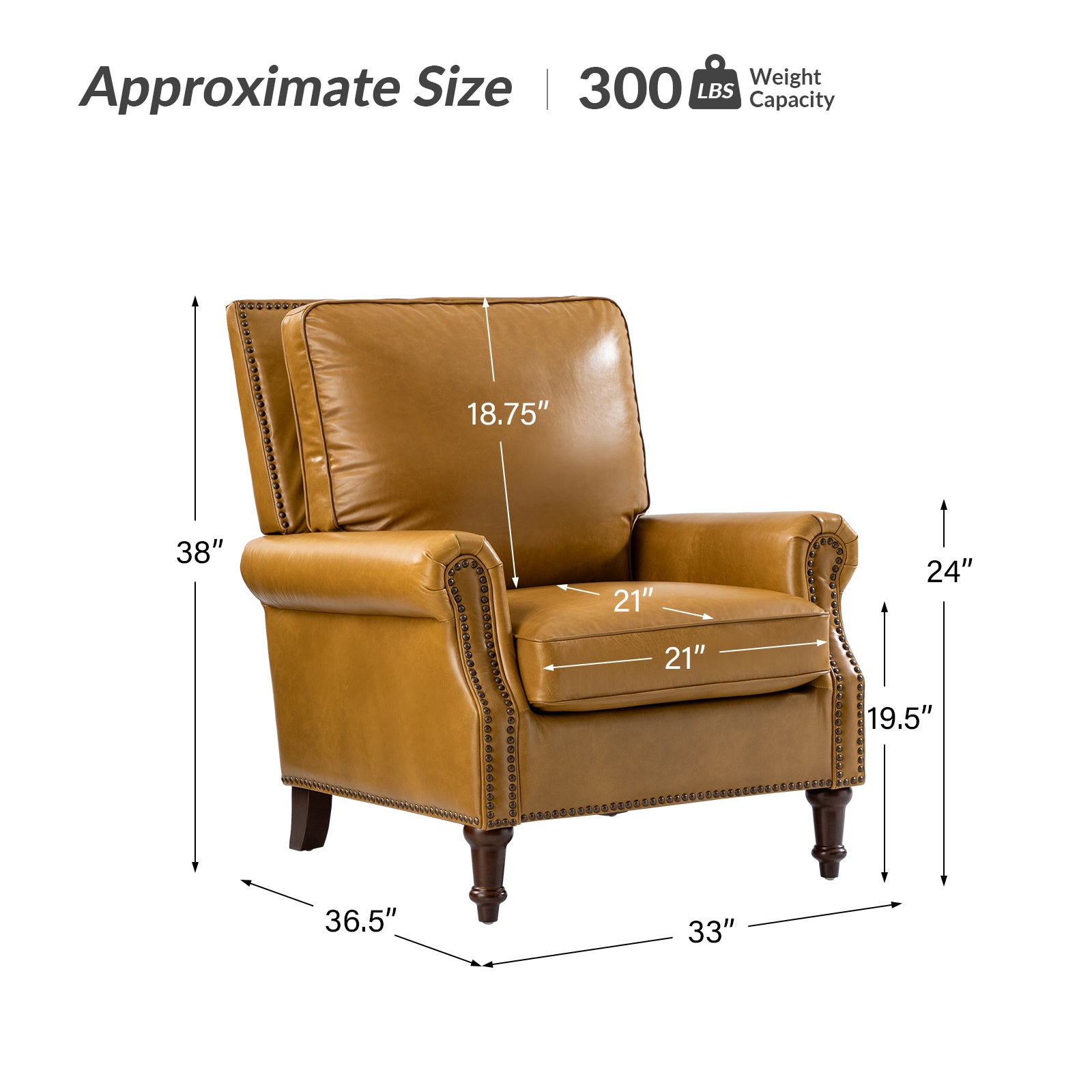 Camel Canyon leather chair dimensions showing 38 inch height, 36.5 inch depth, 33 inch width and 300 lb weight capacity