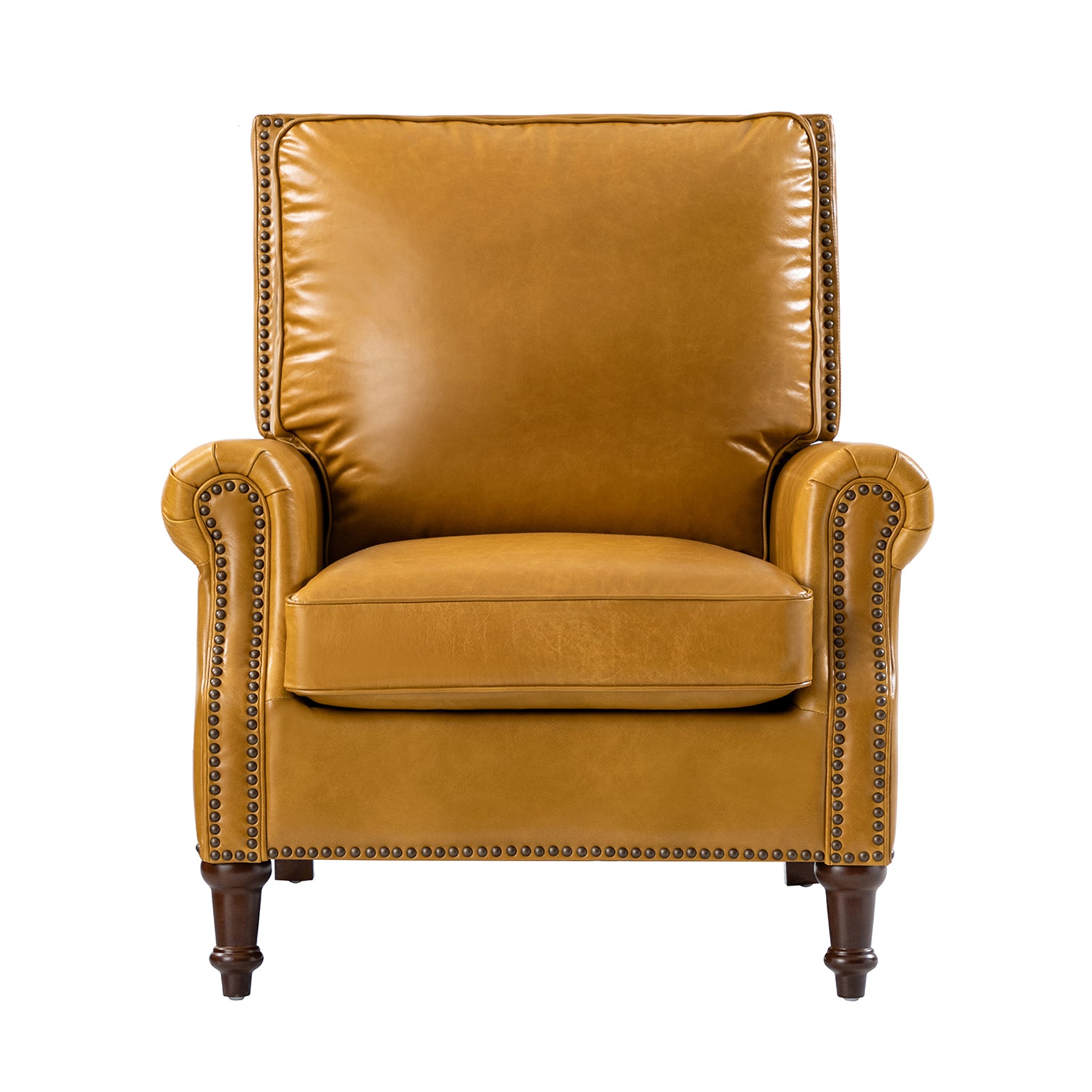 Camel Canyon leather chair front view with rolled arms, nailhead trim and black genuine leather upholstery