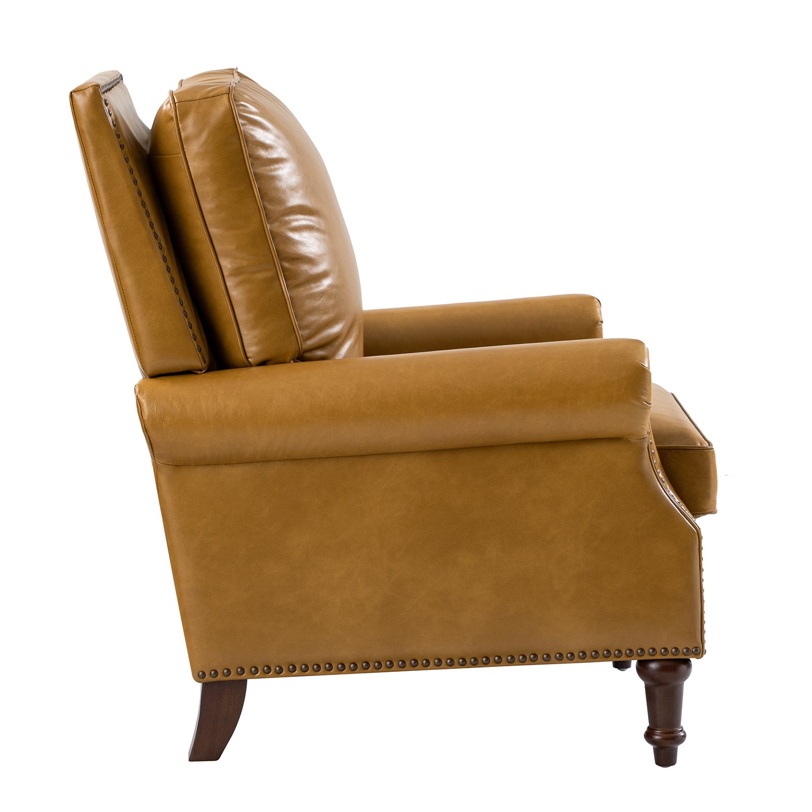 Saddle Ridge leather chair side view highlighting rolled arms, nailhead trim and wood legs