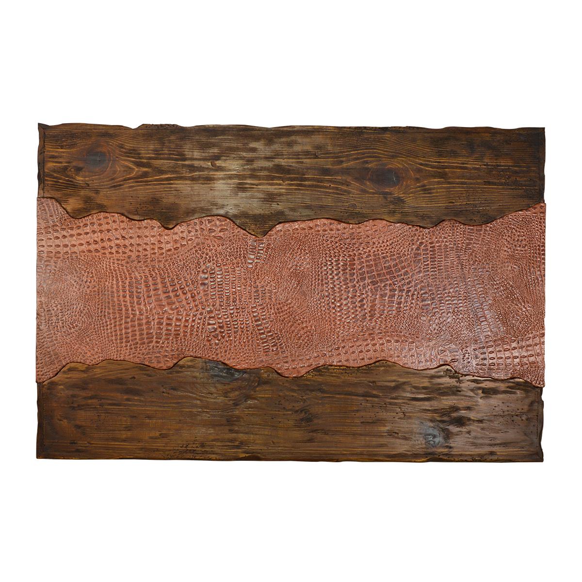 A rectangular rustic Coffee table top featuring a central copper-toned Leather Croc band bordered by dark brown wood at the top and bottom, shown against a plain white background.