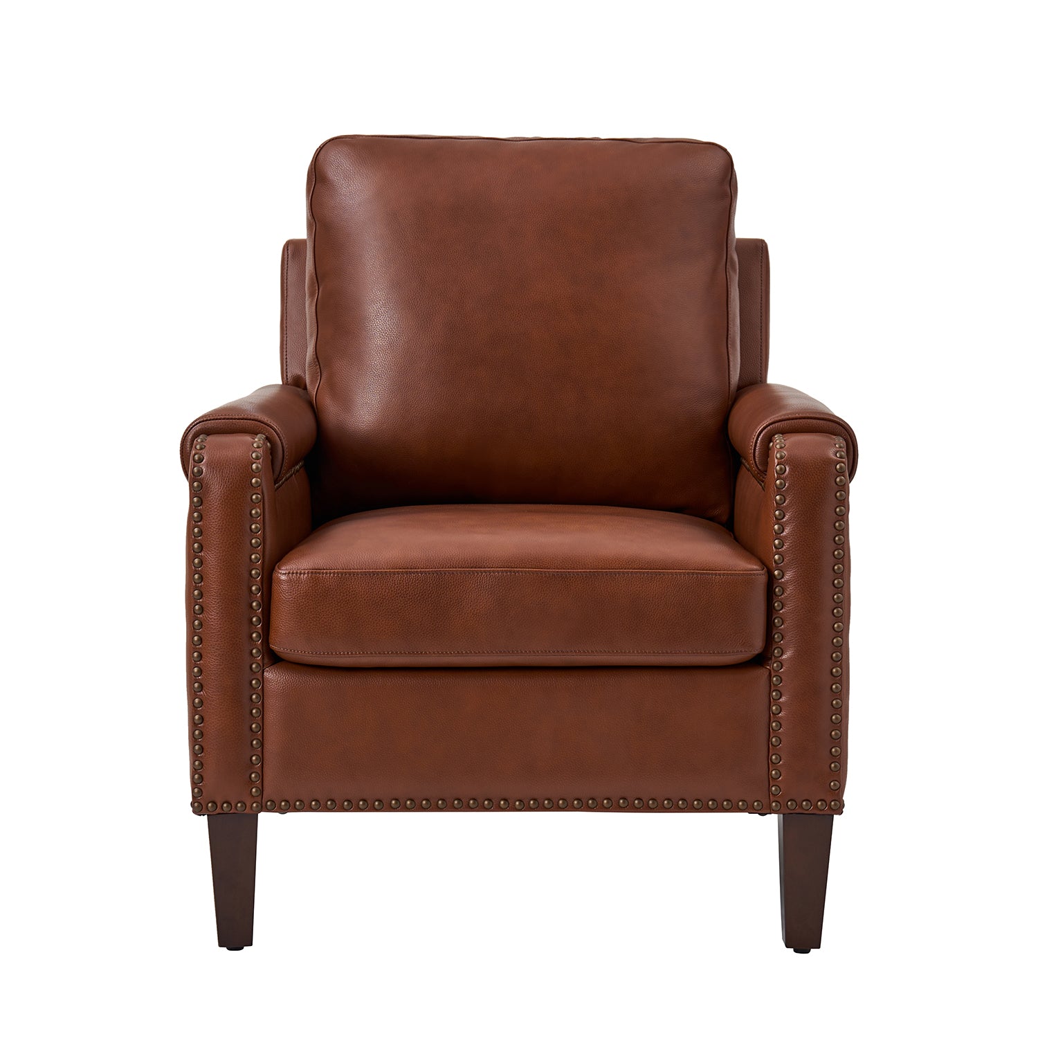 Back view of Carson Brown leather chair showing smooth genuine leather upholstery and structured silhouette