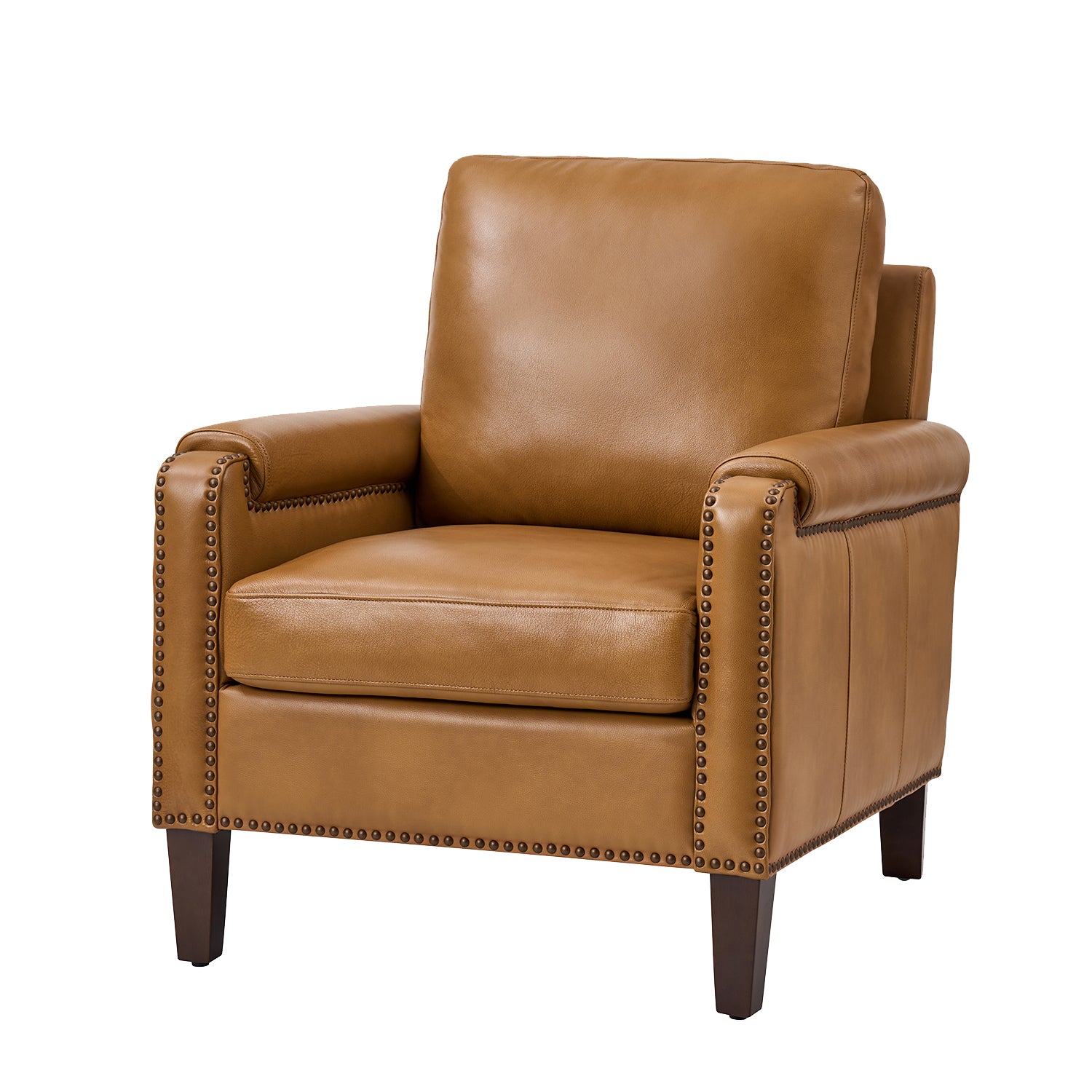 Carson Camel Leather Chair in genuine leather with nailhead trim and tapered wood legs, angled view