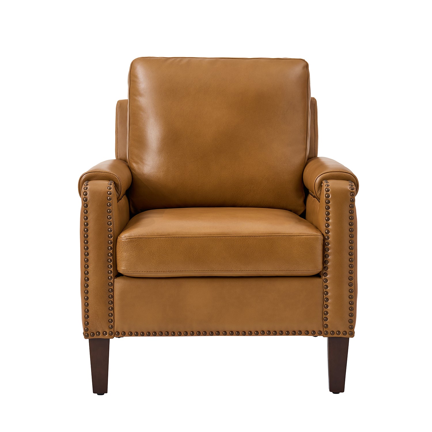 Front view of Carson camel leather accent chair with nailhead trim, plush seat cushion, and warm camel tone