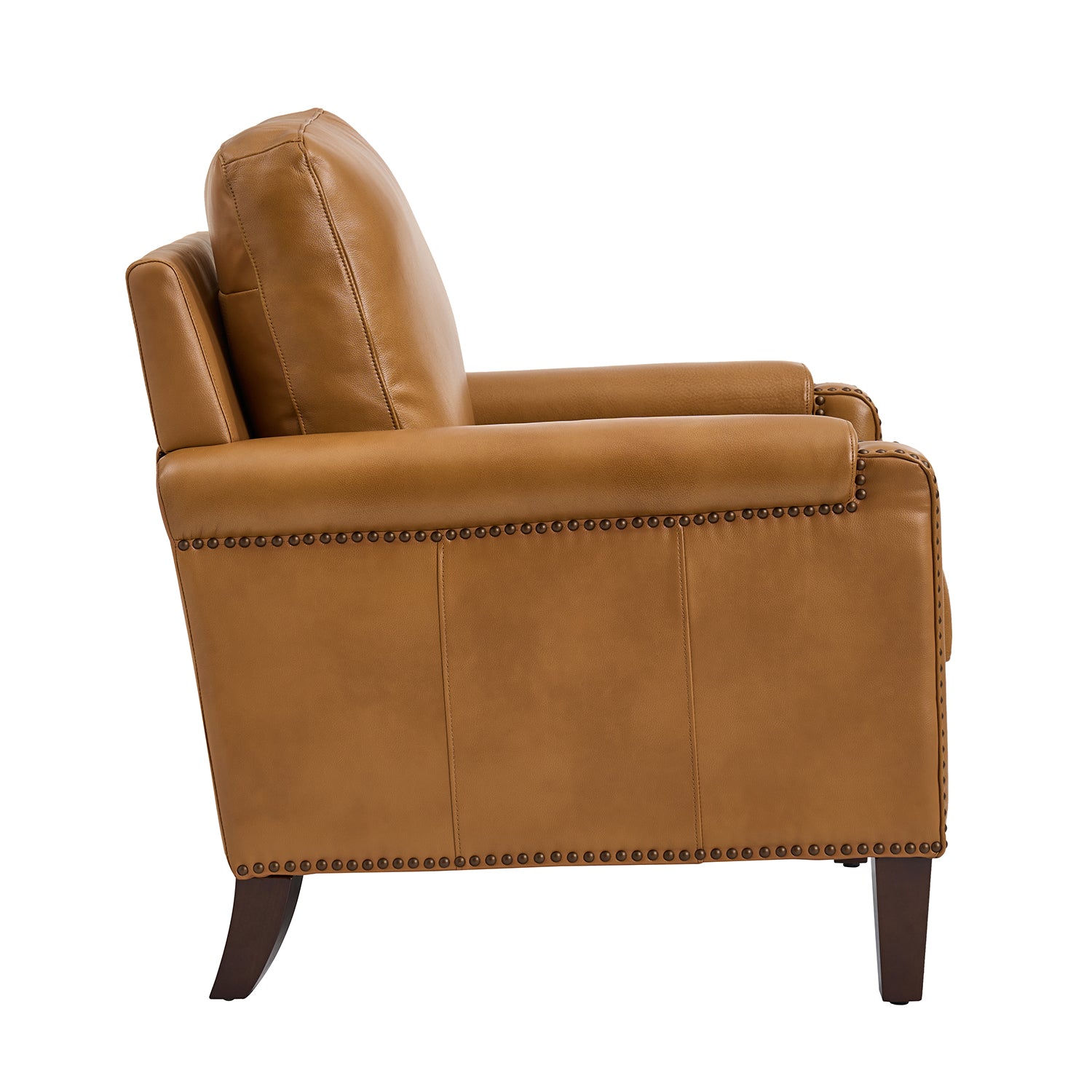 Side profile of Carson camel Leather chair highlighting arm design, nailhead trim and solid wood legs