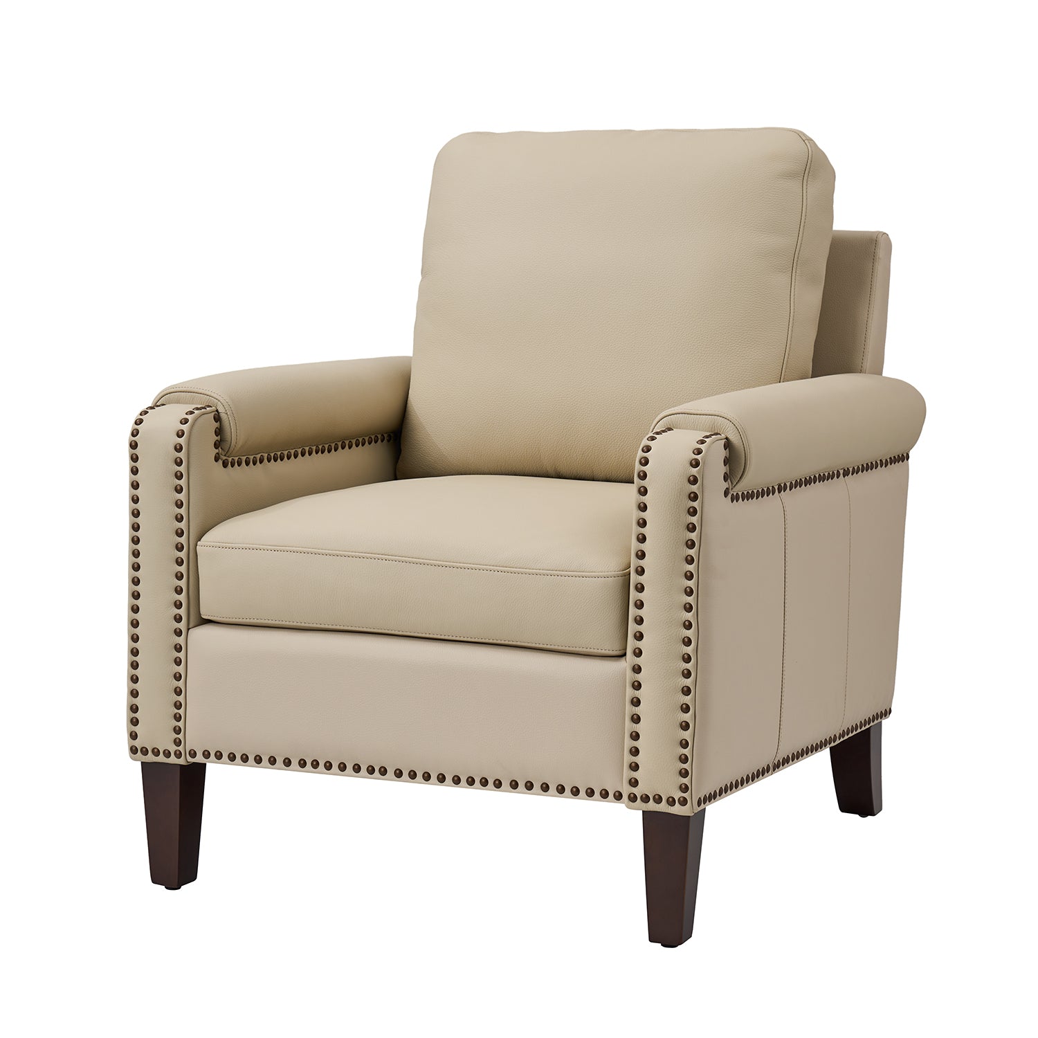 Carson Ivory Leather Chair in genuine leather with nailhead trim and tapered wood legs, angled view