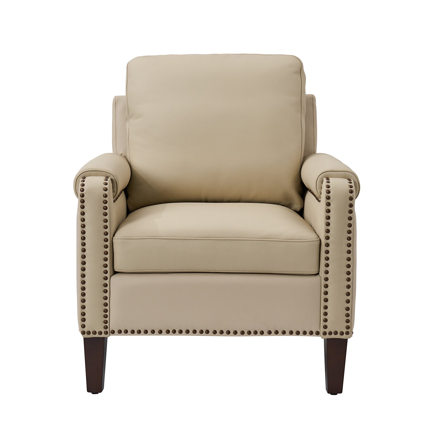 Front view of Carson Ivory leather accent chair with nailhead trim, plush seat cushion, and warm camel tone
