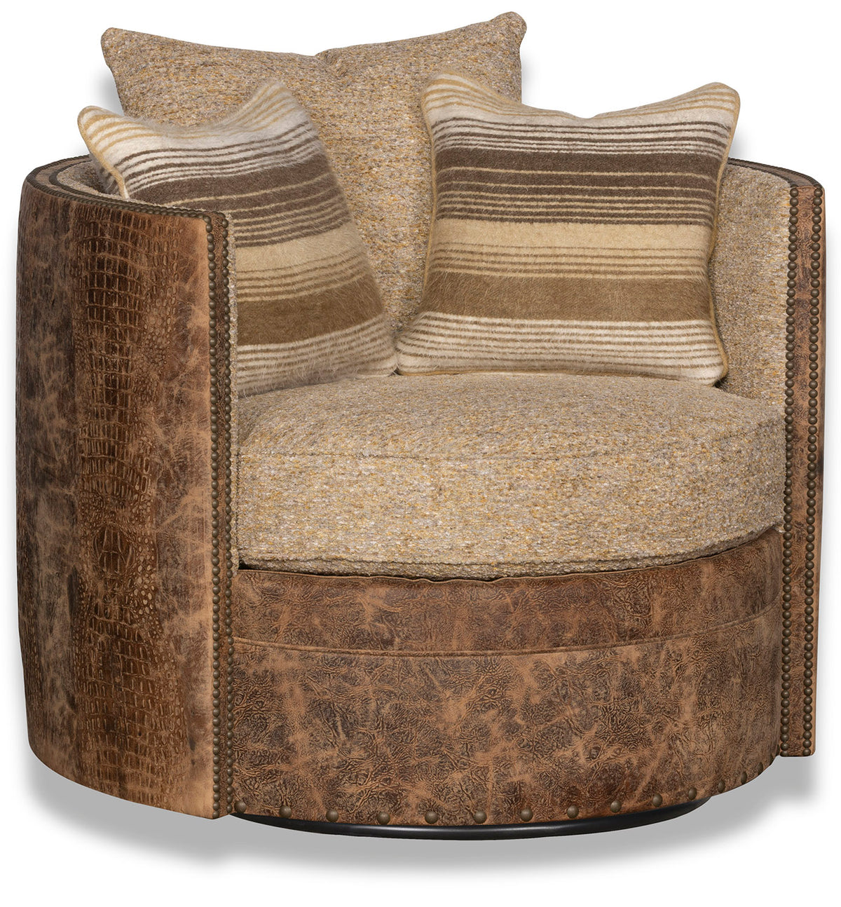 Front view of carter leather and fabric barrel swivel chair with 3 pillows and nail trim