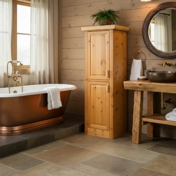 Wooden bathroom with freestanding bathtub, wooden cabinet, and sink - Your Western Decor