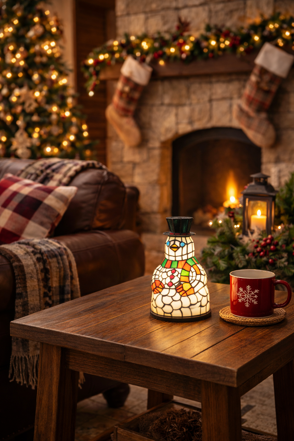 Cozy living room with a lit fireplace, Christmas tree, and decorative snowman lamp on a table - Your Western Decor