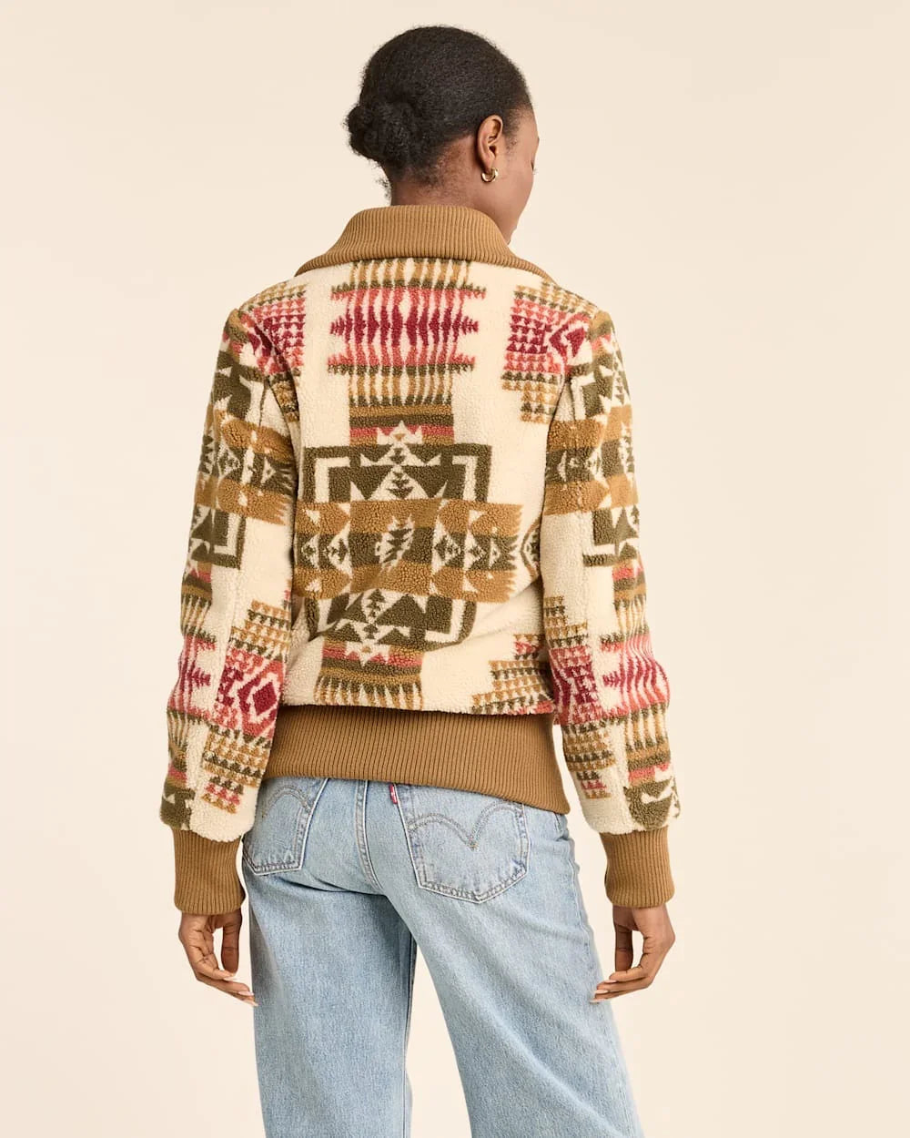 Chief Joseph Ivory Bomber Jacket - Tan, Olive green, Ivory & pink - Pendleton Chief Joseph Pattern - Solid-color Ribbed Cuffs - Fleece - Your Western Decor